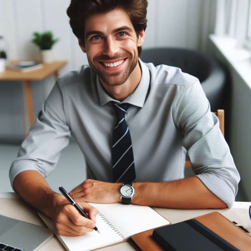 man in his 40s in normal clothes with tie and happy